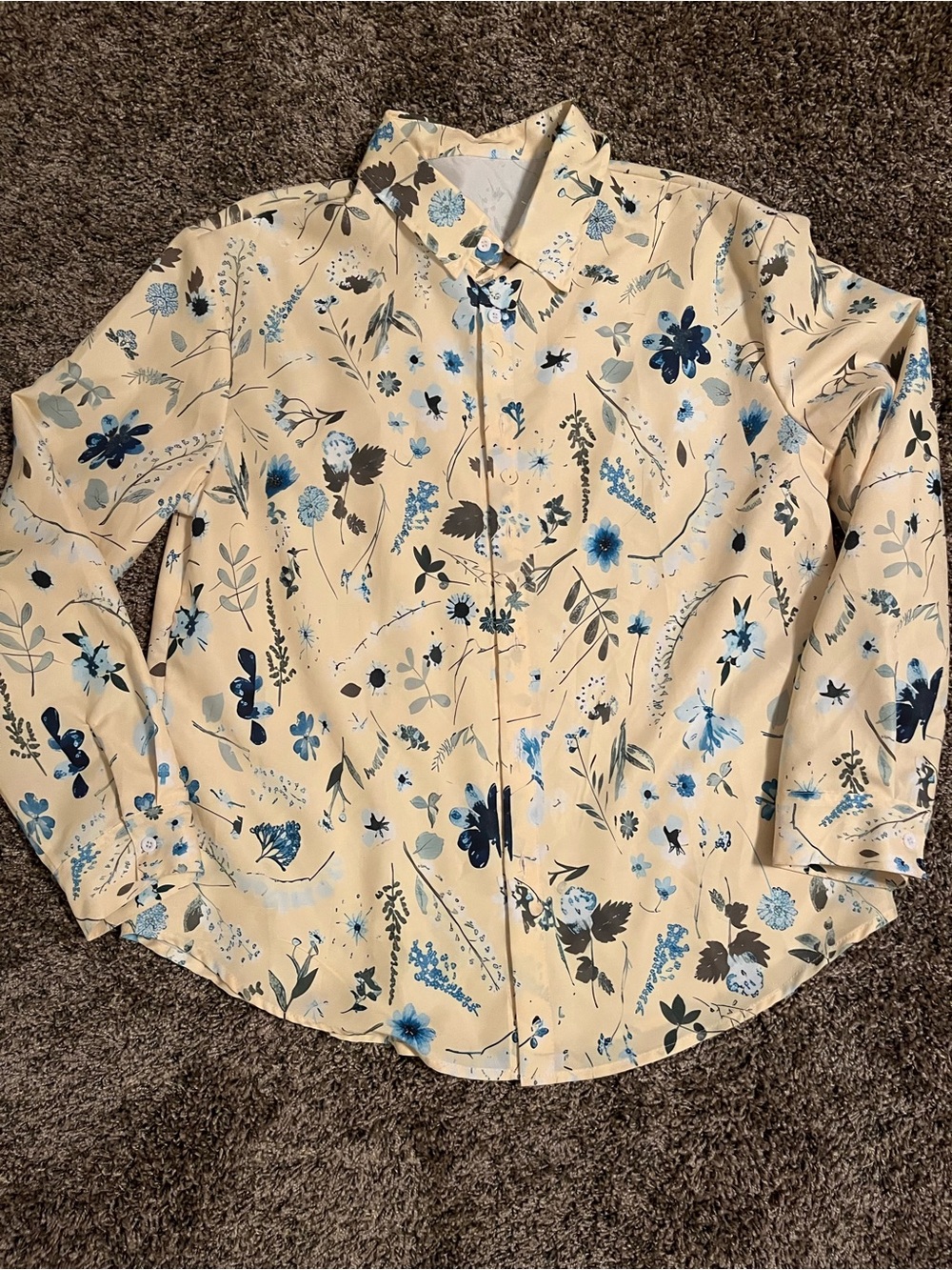 Women's Yellow and Blue Floral Button-Up Shirt